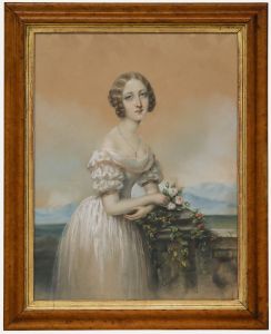 Framed Mid 19th Century Pastel - Young Woman in a Pink Gown