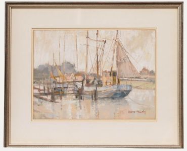 Moira Huntly - Framed 20th Century Pastel, Fishing Smacks at Rye