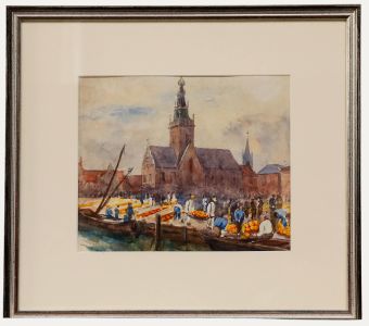 Framed Early 20th Century Watercolour - Cheese Market in Alkmaar