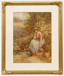 Frederick James Knowles (1874-1931) - Watercolour, Maiden Filling a Pitcher