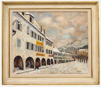 Cavalieri - Framed 20th Century Oil, Hôtel Au Sapeur in the Snow