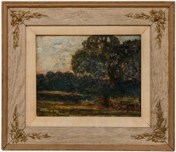 Framed Early 20th Century Oil - Wooded Landscape at Sunset