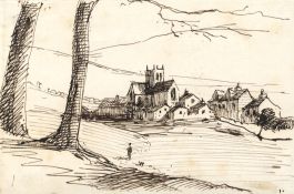 Mid 19th Century Pen and Ink Drawing - Village View with Church