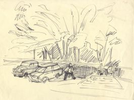 Mid 20th Century Pen and Ink Drawing - Scene with Figures and Cars