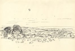 Fields Ink Drawing Paul Sharp - Mid 20th Century Pen and Ink Drawing, Fields with rocks.
