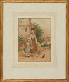 Early 20th Century Watercolour - Cottage View with Two Young Girls