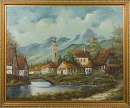 Hanson - 20th Century Acrylic, Village Scene with Bridge