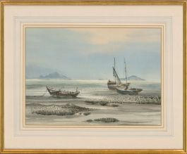 Framed 20th Century Watercolour - Beach Scene with Boats