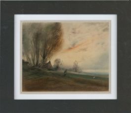 Framed Early 20th Century Pastel - Landscape at Sunset