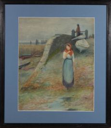 Framed Early 20th Century Watercolour - Woman with a Red Shawl