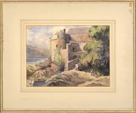 Early 20th Century Watercolour - Castle View with Boat and Figures