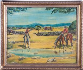 Framed Mid 20th Century Oil - Horses on the Ranch