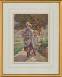 Attrib. Edith Hume (1843-1906) - Watercolour, Girls and Their Flowers