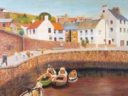 N.K. Day - 1999 Oil, Coastal Town View with Figures