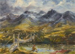 20th Century Oil - Mountain Scene with Bridge