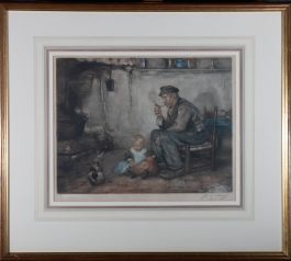 French 1923 Etching - Father, Daughter, and Cat