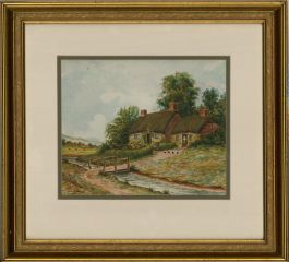 J.F. Anderton - 1954 Watercolour, Cottage by a Stream