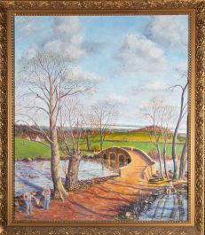 R. Dutton - Large 2010 Oil, Fishing by the Bridge