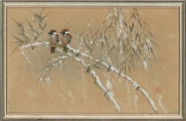 Mid 20th Century Watercolour - Sparrows in the Snow