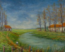 20th Century Oil - River Scene with Figure and Cottages