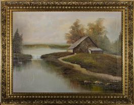 X. Simone  - Mid 20th Century Oil, Cottage by the Weir