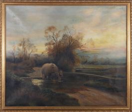 G. Nicholson - 1916 Oil, River Scene with Hay Wagon