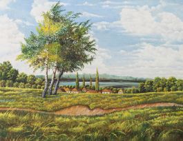 20th Century Oil - Small Cottages and Trees