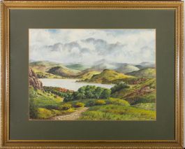 M. M. Fotherhill  - 1962 Watercolour, Village by the Lake