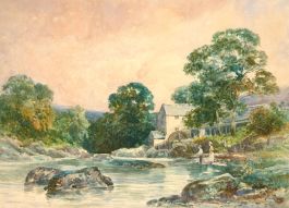 Arthur Wellesley Cottrell (1854-1913) - Watercolour, Mill on the River