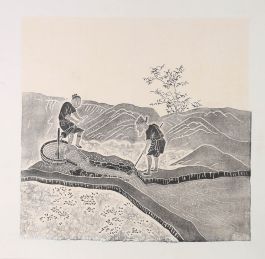 Chinese School  20th Century Woodblock - Tending the Fields