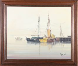 Signed Mid 20th Century Oil - Boats on the Dock