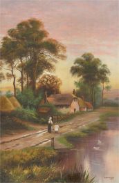 A. Greenwood  - 1927 Oil, The Village at Sunset