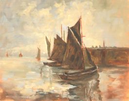 20th Century Oil - Boats on the Harbour Wall
