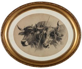 Framed Early 20th Century Charcoal Drawing - Working Oxen