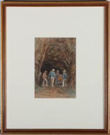 Framed Early 20th Century Watercolour - Cave Explorers
