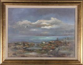 J. Baker - Framed 20th Century Oil, Storm Over Harbour
