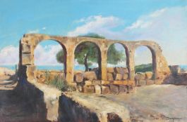 O. Danqueis  - Continental School  1973 Oil, Mediterranean Ruins