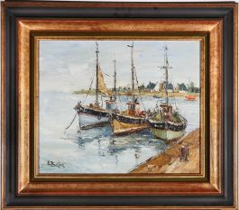 Etienne Bellan (1922-2000) - Framed Oil, Three Fishing Boats at the Quayside