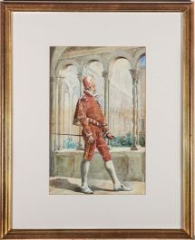 Framed 19th Century Watercolour - Cavalier at Court