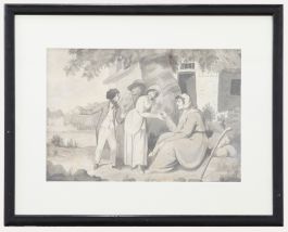Framed 19th Century Watercolour - Conversing by the Cottage