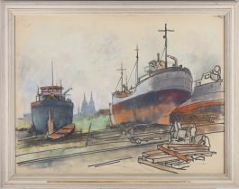 Erich Blas (1903-1987) - Framed German School Pastel, Boats In Dock