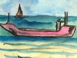 Michael Davies (b.1947) - Contemporary Watercolour, Tanker on Lisbon Harbour