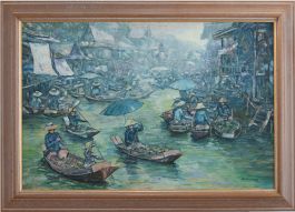 S. Montree - Large Contemporary Oil, South Asian River Market
