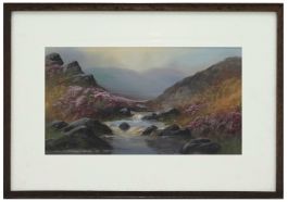V. Bre - Framed Late 19th Century Gouache, Highland Landscape with Heather