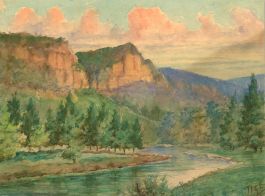 Tiger - 20th Century Watercolour, Mountains at Sunset