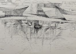 M. S.  - South African Achool 20th Century Lithograph, Watching Swans