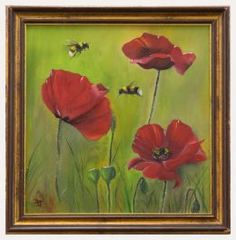 Vivek Mandalia - Framed Contemporary Oil, Bumble Bee's & Poppies