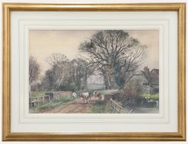 Framed 20th Century Watercolour - Cattle Over the Brick Bridge
