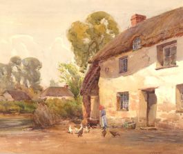 John Henry Young (1880-1946) - Watercolour, Feeding the Chickens