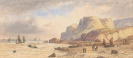 L. Lewis - 1900 Watercolour, Fishermen on the Beach